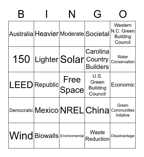 Green Building Bingo Card