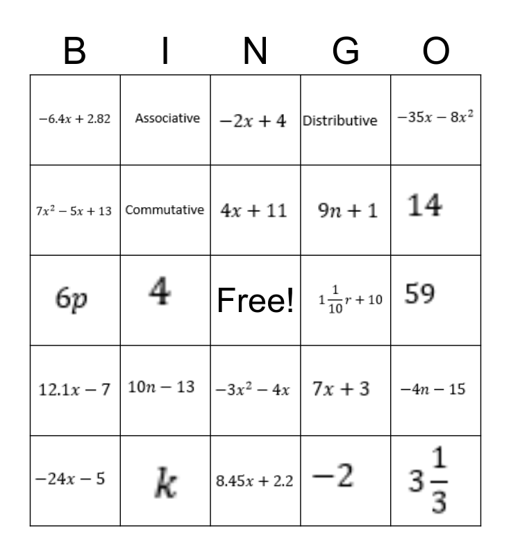 Expressions Bingo Card