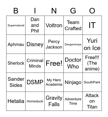 JJ’s Cringe Fandom Bingo Card Bingo Card