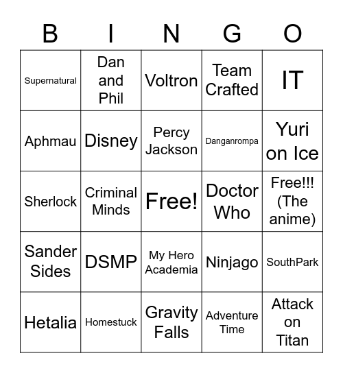 Fandom Bingo!!! Bingo Card