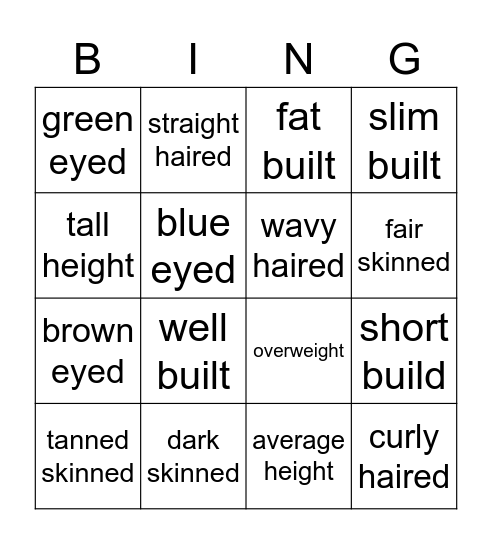 describing physical traits Bingo Card