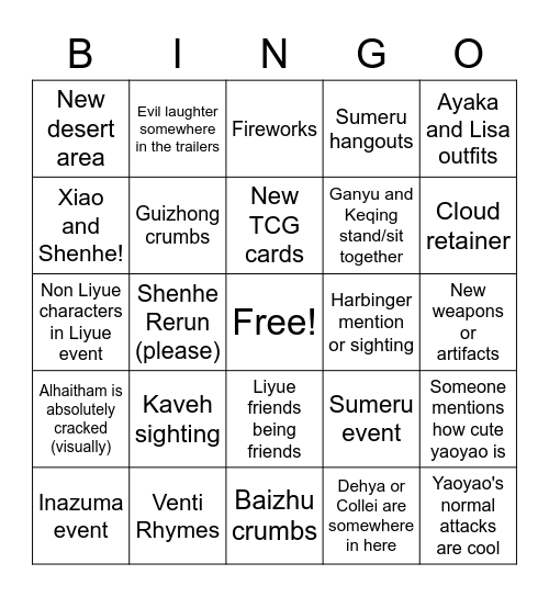 3.4 livestream bingo Card