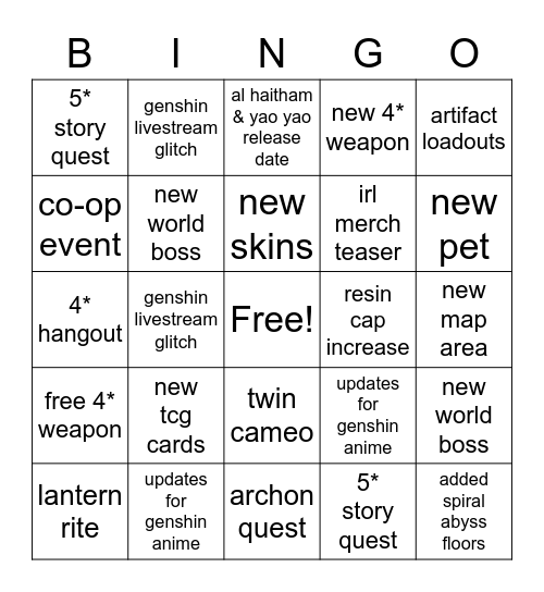 3.4 genshin livestream Bingo Card