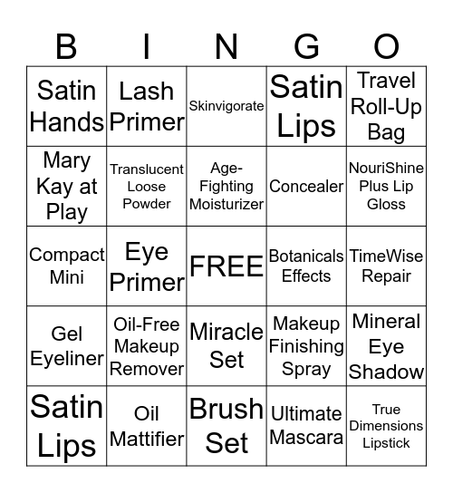 Mary Kay Bingo Card