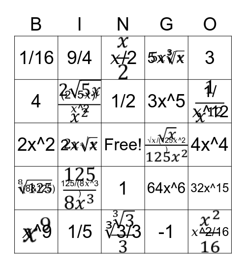 rational exponents Bingo Card