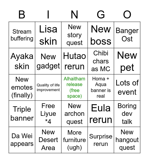 Genshin 3.4 Stream Bingo Card