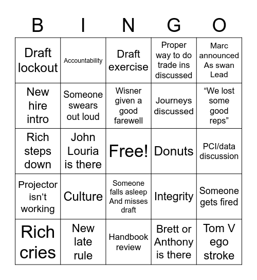 Draft shenanigans Bingo Card