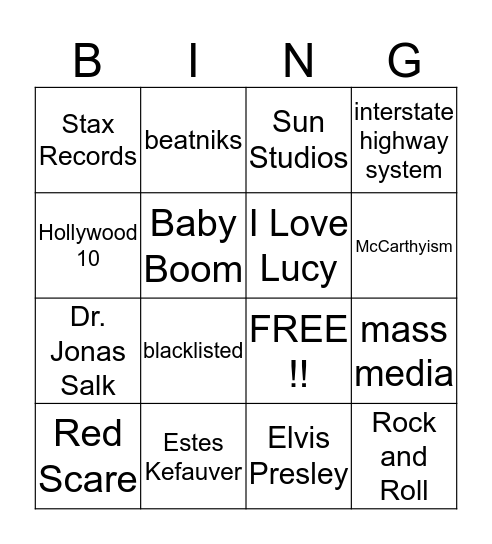 The 1950s Bingo Card