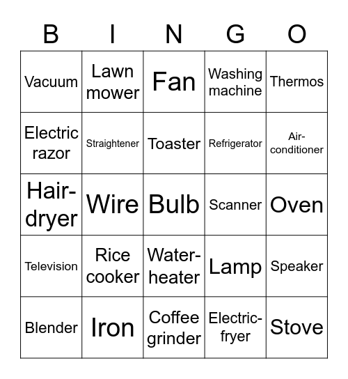 Electric appliances Bingo Card