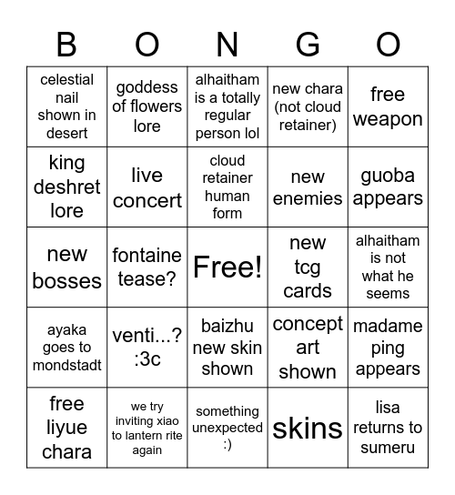 genshin 3.4 livestream predictions Bingo Card