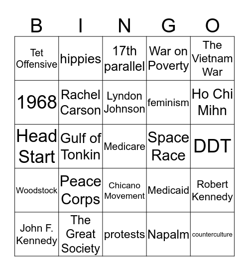 The 1960s Bingo Card