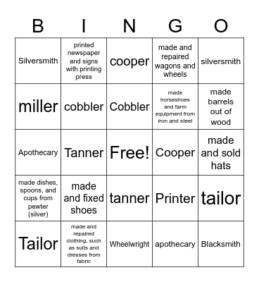 Colonial American Jobs Bingo Card