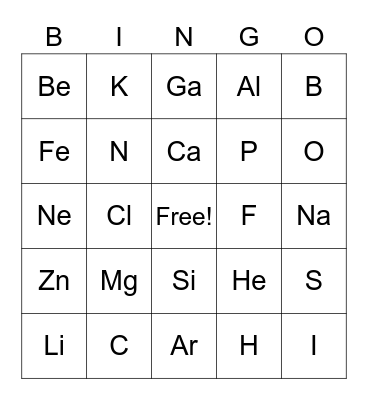 Periodic Table Element Bingo Card