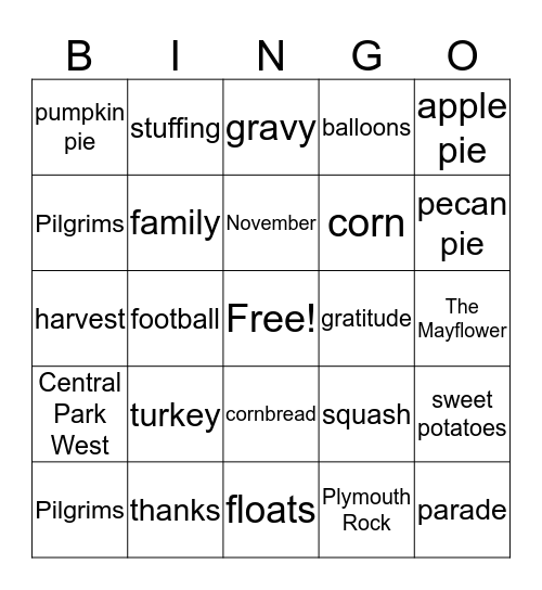 Thanksgiving Bingo Card