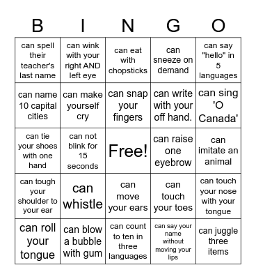 Silly Abilities Bingo Card