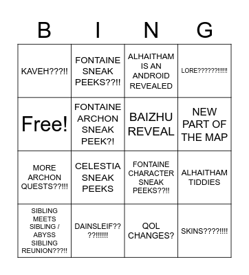 GENSHIN 3.4 LIVESTREAM Bingo Card