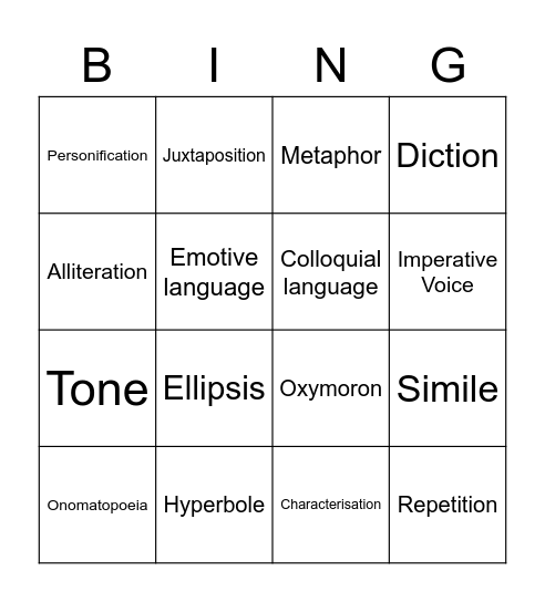 Literary Techniques Bingo Card