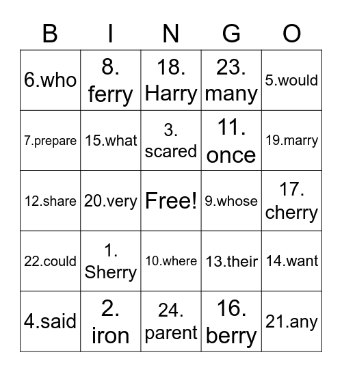 AR/ER and Red Words Bingo Card