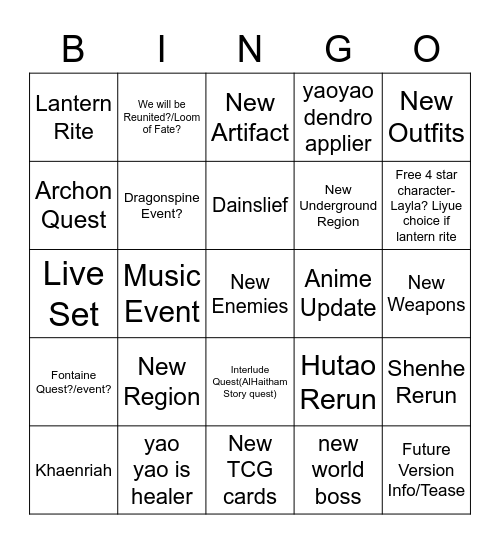 Genshin 3.4 Stream Bingo Card