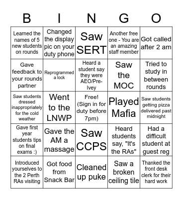 DUTY BINGO - November 28th Bingo Card