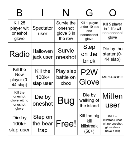 Slap battle Bingo (roblox) Bingo Card