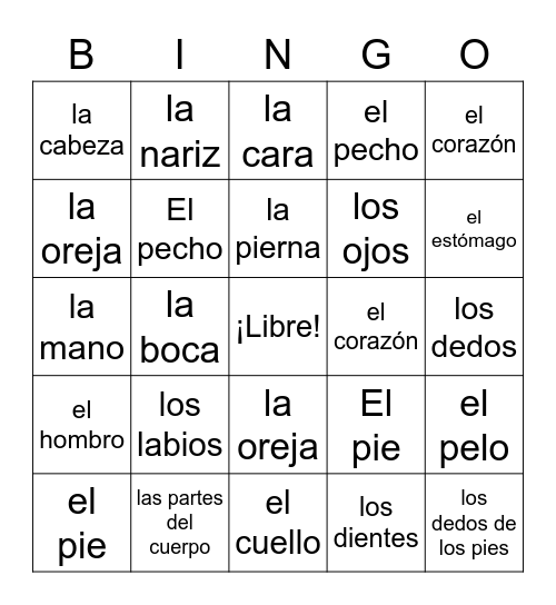 Partes del Cuerpo Bingo Card