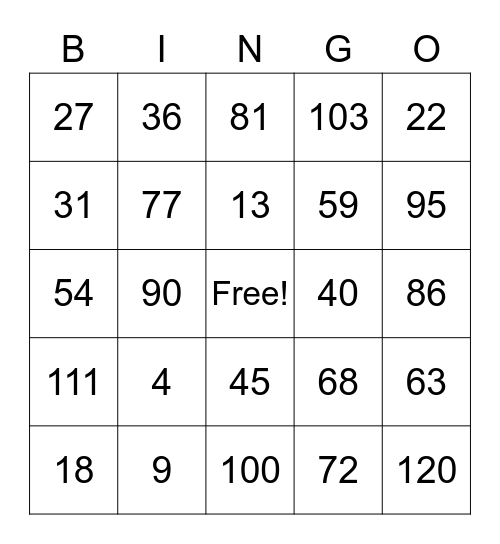 Number BINGO Card