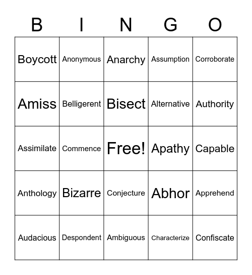 8th Grade Words Bingo Card