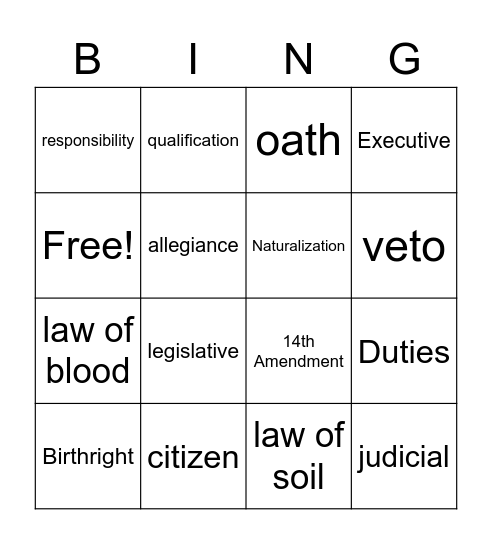 Citizenship Vocab Bingo Card