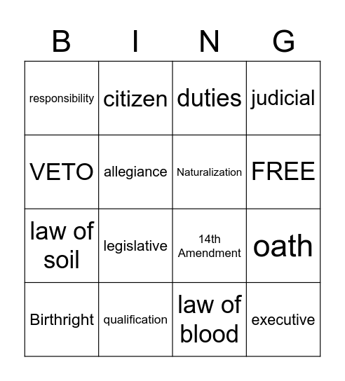 Citizenship Vocab Bingo Card