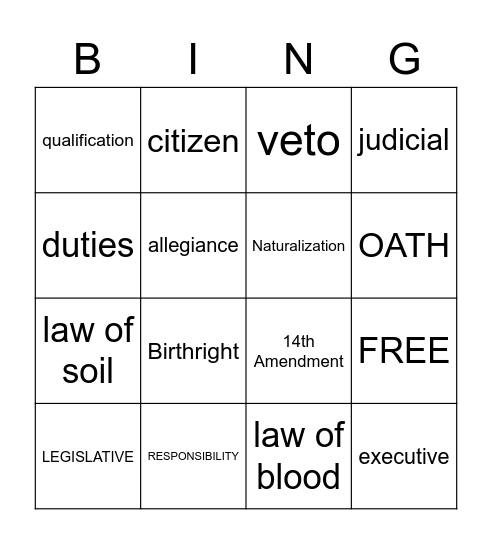 Citizenship Vocab Bingo Card