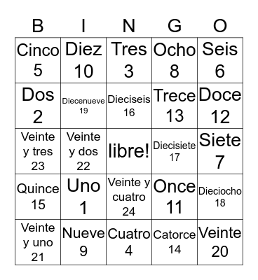 Numeros Uno a veinte y cuatro (1-24) Bingo Card