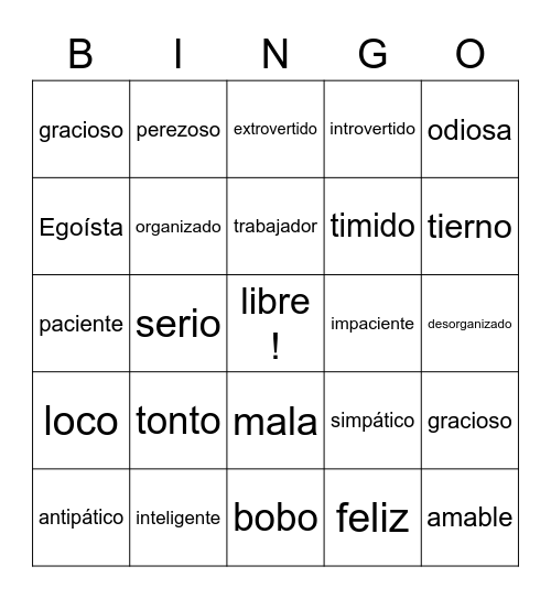 Bingo adjetivos de la personalidad / Glenrock Bingo Card