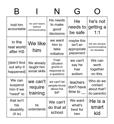 School Meeting Bingo Card