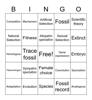 Natural Selection Bingo Card
