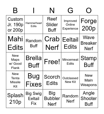 Splatoon 3 V3.0 Patch Notes Bingo Card