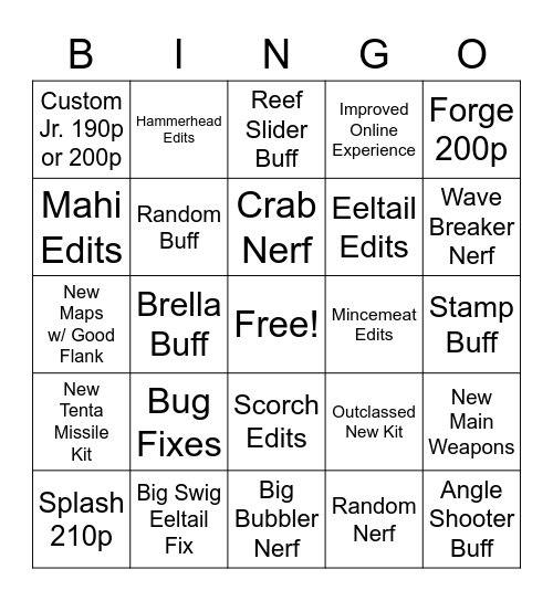 Splatoon 3 V3.0 Patch Notes Bingo Card