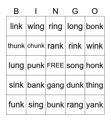 -NG and -NK Glued Sounds Bingo Card