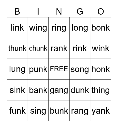 -NG and -NK Glued Sounds Bingo Card