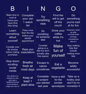 New Years Resolution Bingo Card