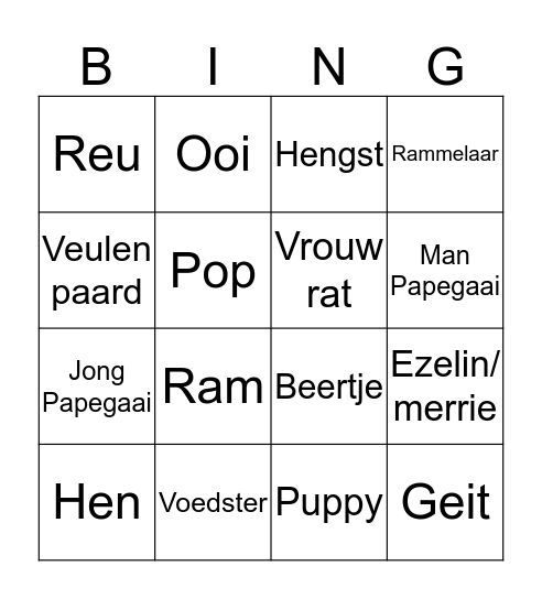 Dieren namen BINGO Card