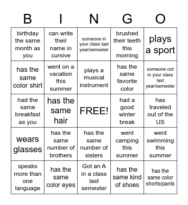 Classmate BINGO Card