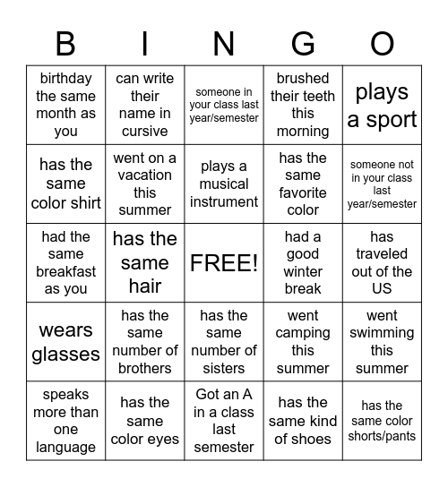 Classmate BINGO Card