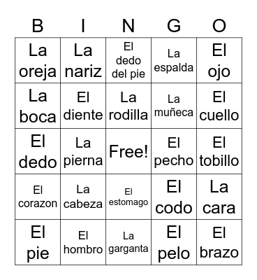 Las partes del cuerpo Bingo Card