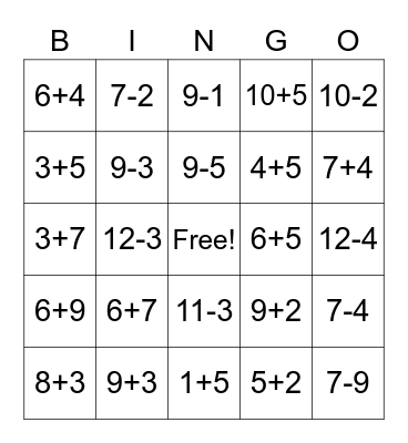 Math Facts Bingo Card