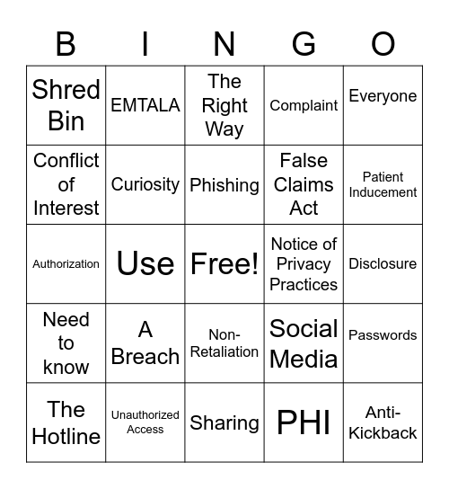 Compliance/HIPAA Bingo Card