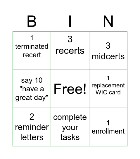 WIC Bingo Card