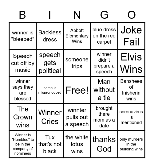 Golden Globes 2023 Bingo Card