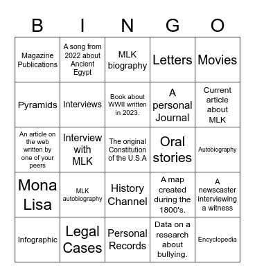 Primary and Secondary Sources Bingo Card