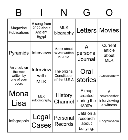 Primary and Secondary Sources Bingo Card